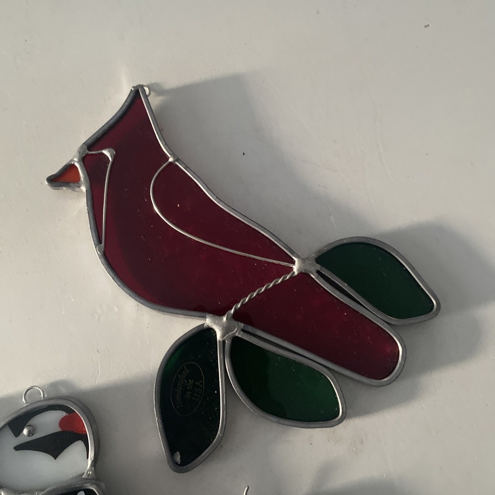 Lot of 3 Stained Glass Handcrafted Birds Cardinal Woodpecker Robin Suncatchers - Picture 4 of 12
